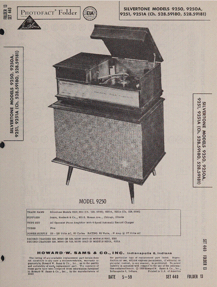 SILVERTONE MODELS 9250 9250A 9251 9251A CH. 528.59180 528.59181 SM service manual (1st page)