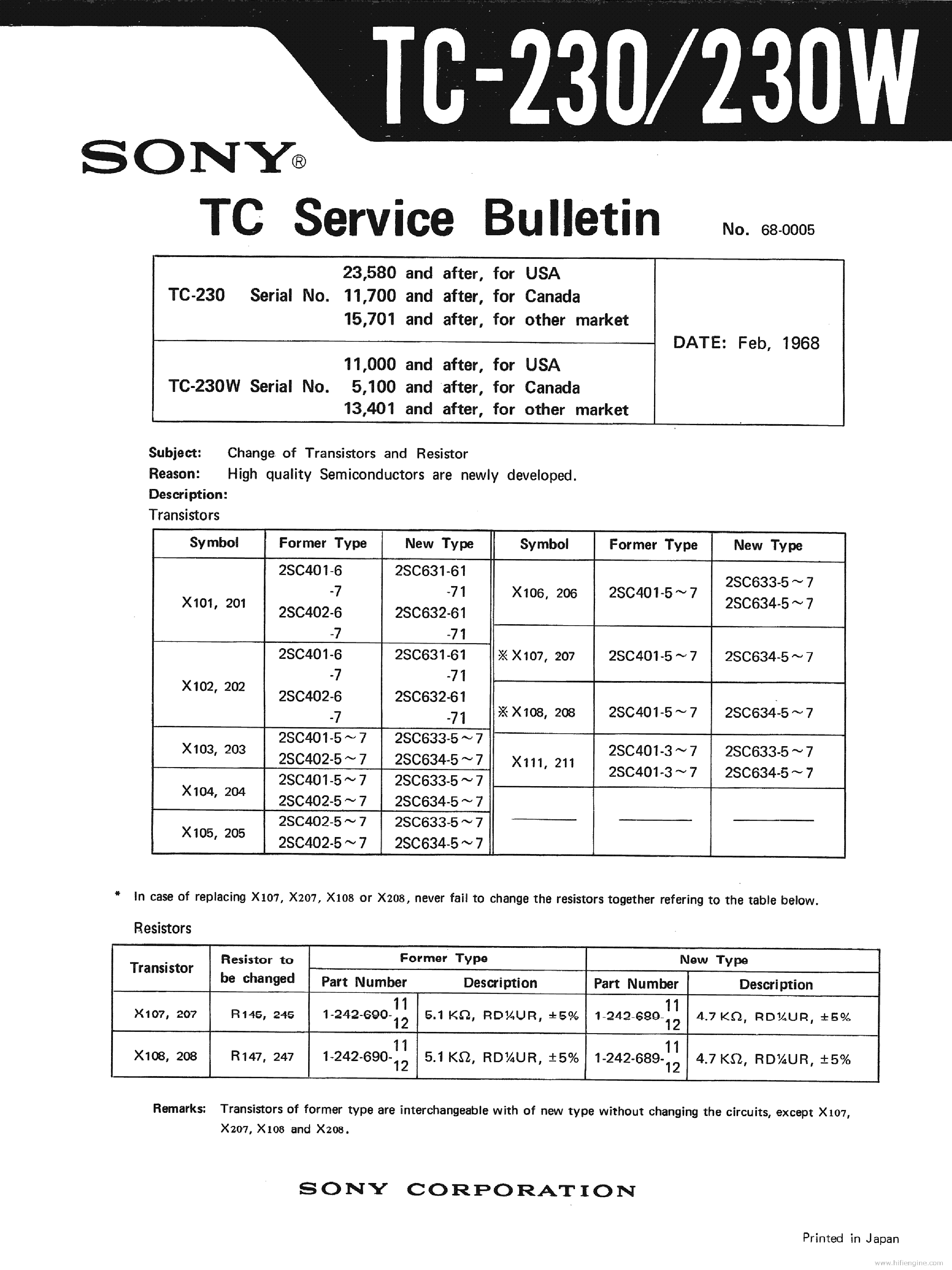 SONY TC-230 230W BULLETIN service manual (1st page)