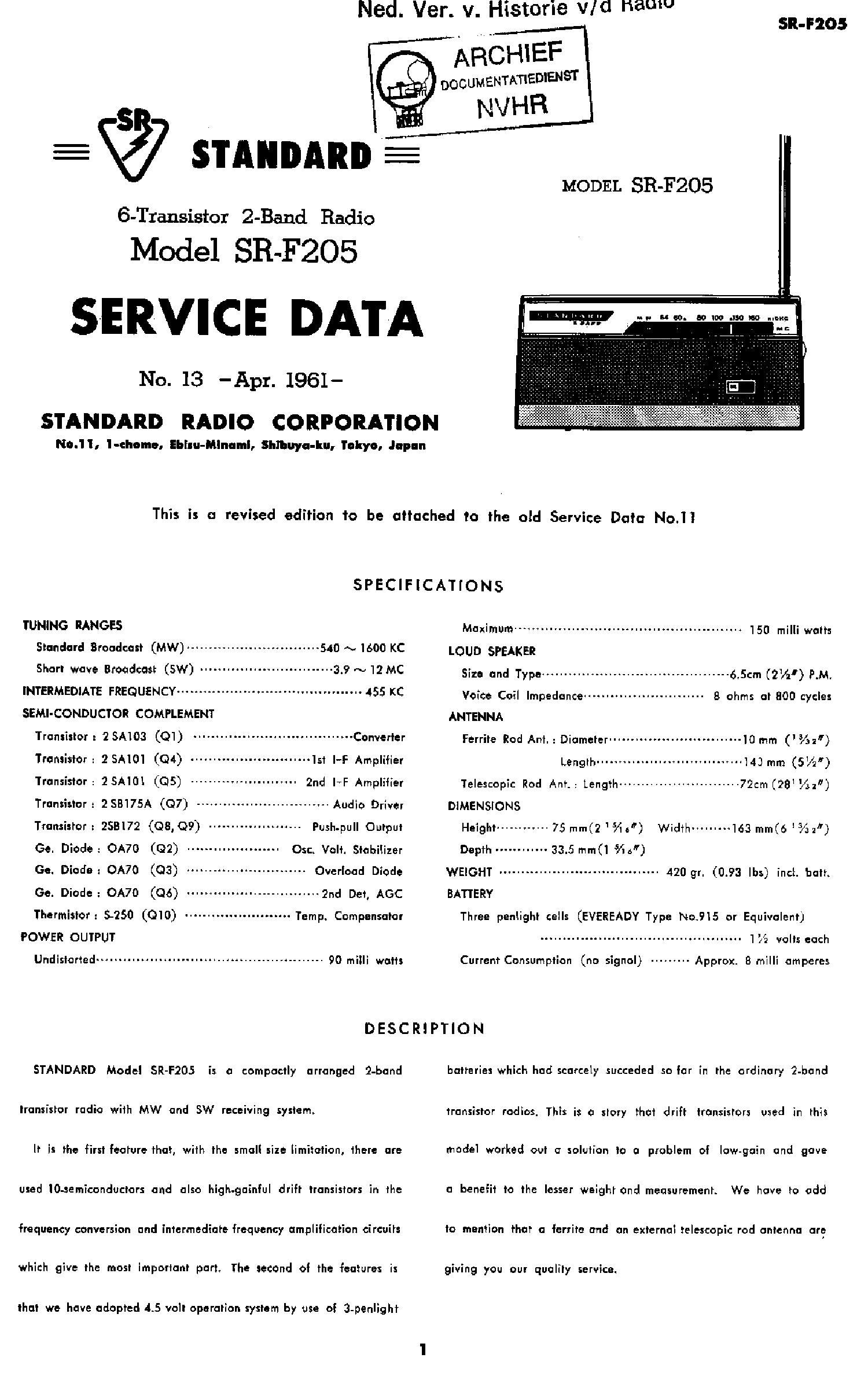 STANDARDJP SRF205 PORTABLE TRANSISTOR RADIO 1961 SM service manual