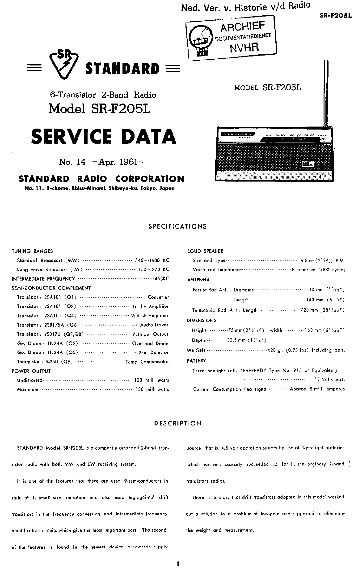 STANDARDJP SRF205L PORTABLE TRANSISTOR RADIO 1961 SM service manual