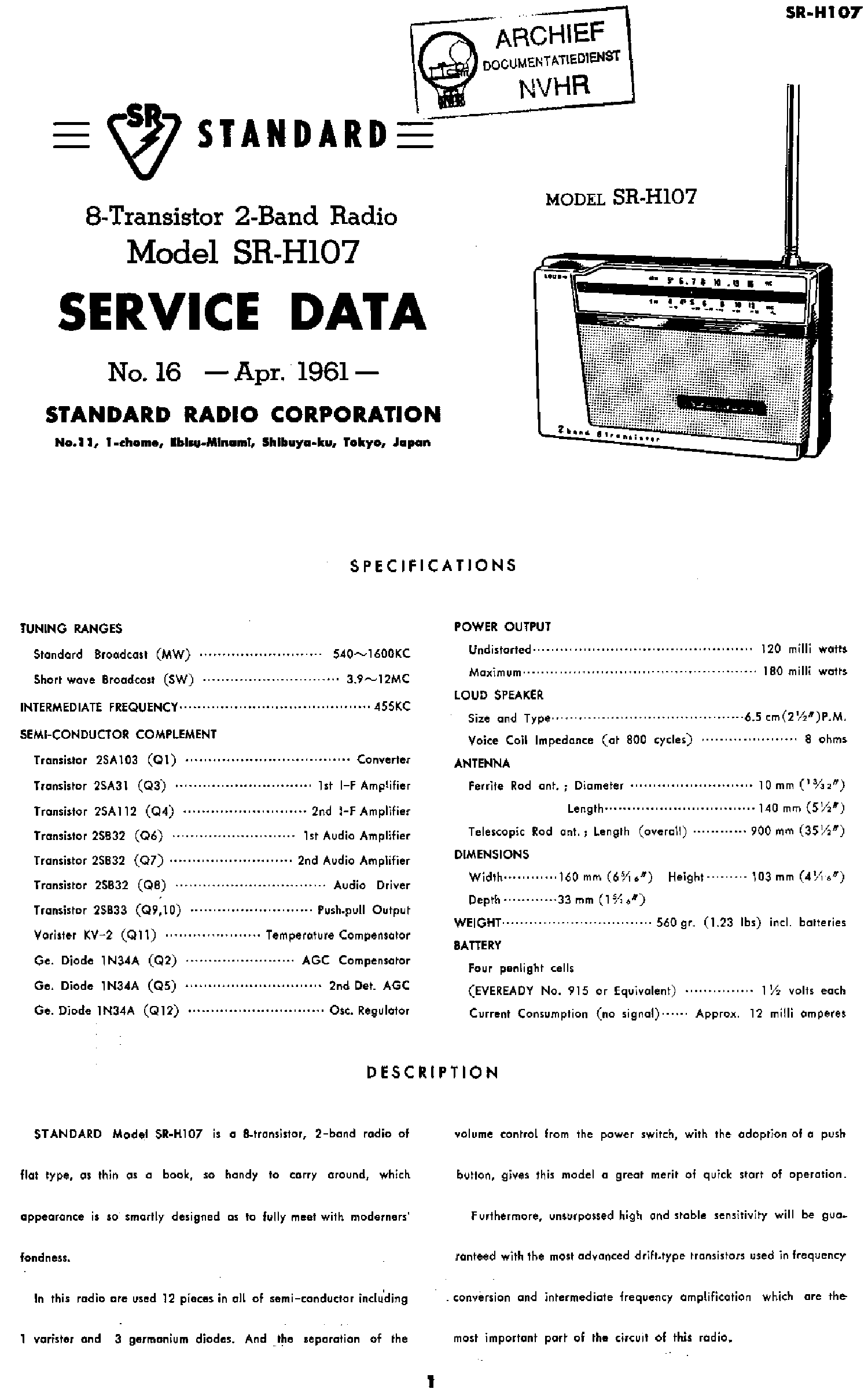 STANDARDJP SRH107 PORTABLE TRANSISTOR RADIO 1961 SM service manual