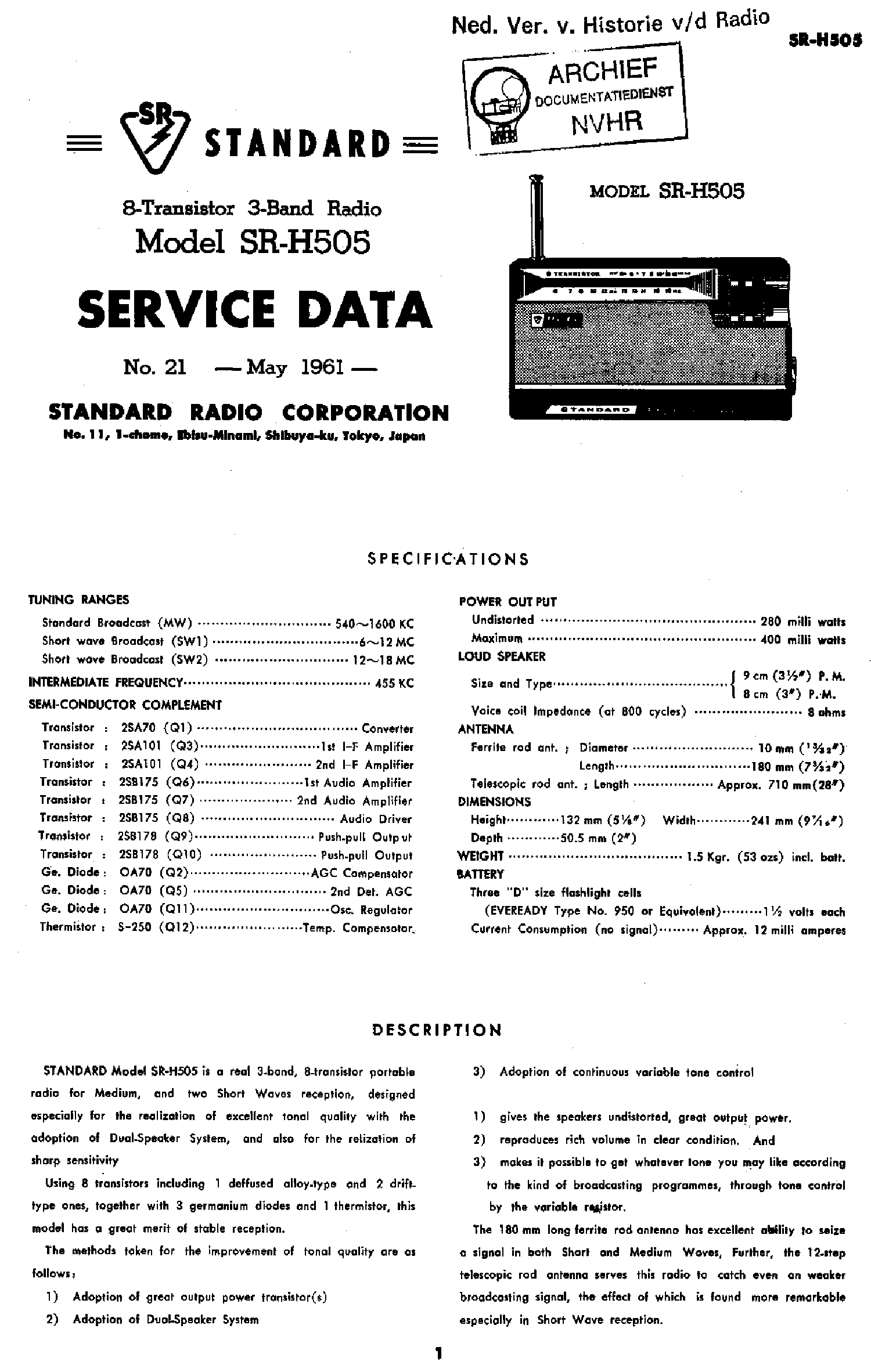 STANDARDJP SRH505 PORTABLE TRANSISTOR RADIO 1961 SM service manual