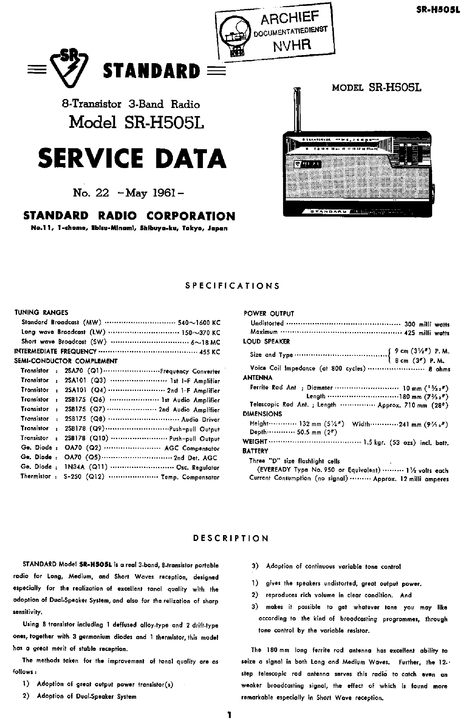 STANDARDJP SRH505L PORTABLE TRANSISTOR RADIO 1961 SM service manual