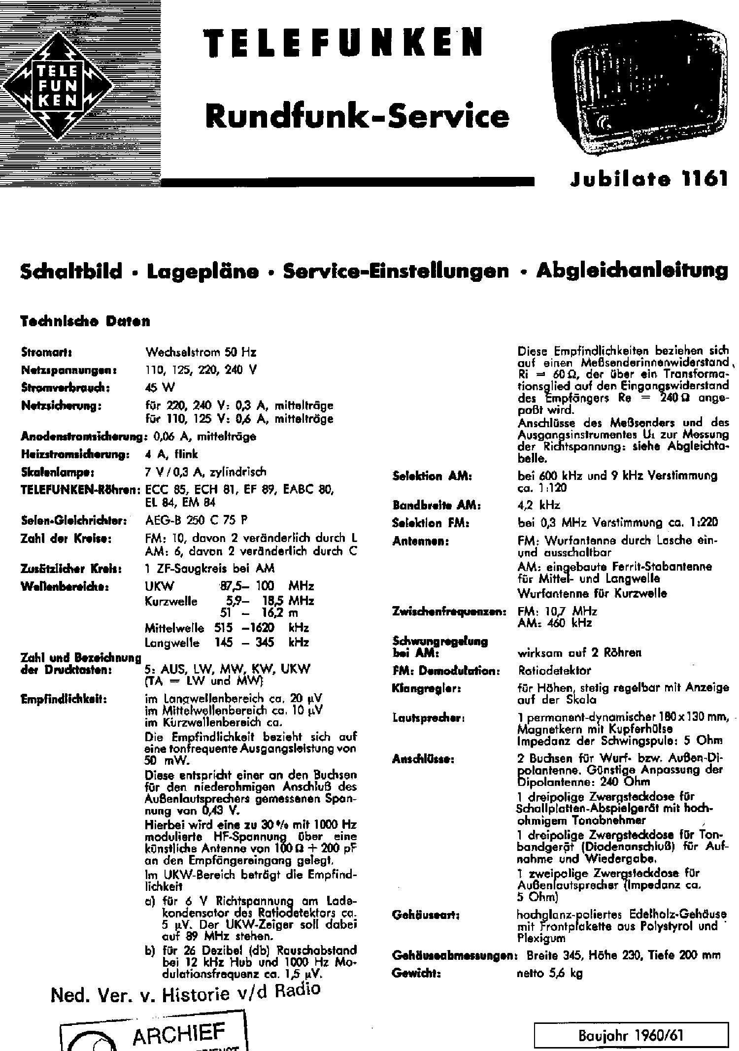 TELEFUNKEN 1161 JUBILATE AM-FM RECEIVER 1960 SM service manual