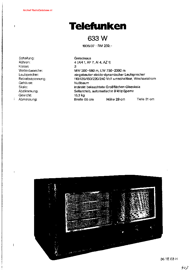 TELEFUNKEN 633W RADIO 1936 SM service manual