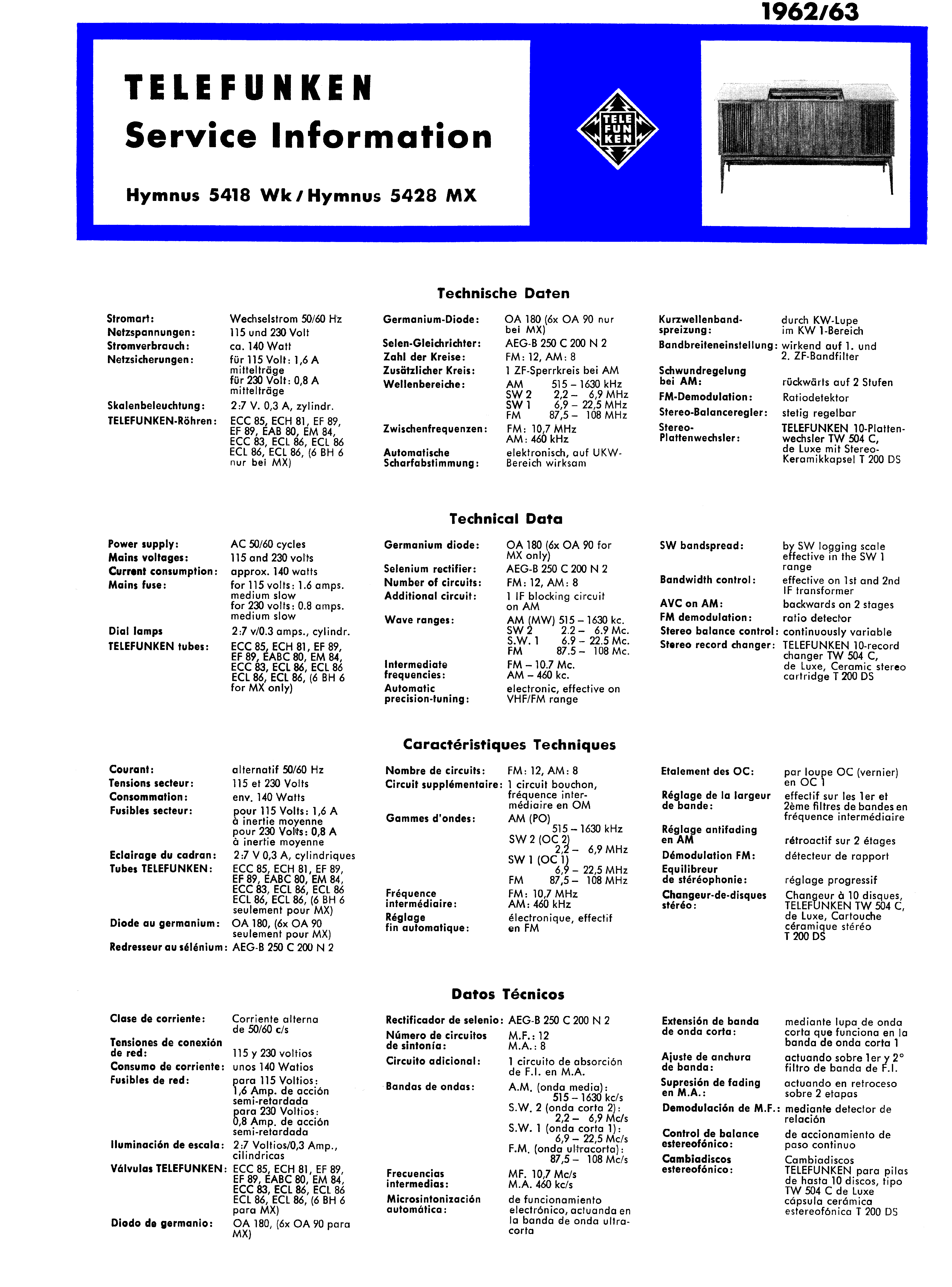 TELEFUNKEN HYMNUS 5418WK , HYMNUS 5428MX SM service manual