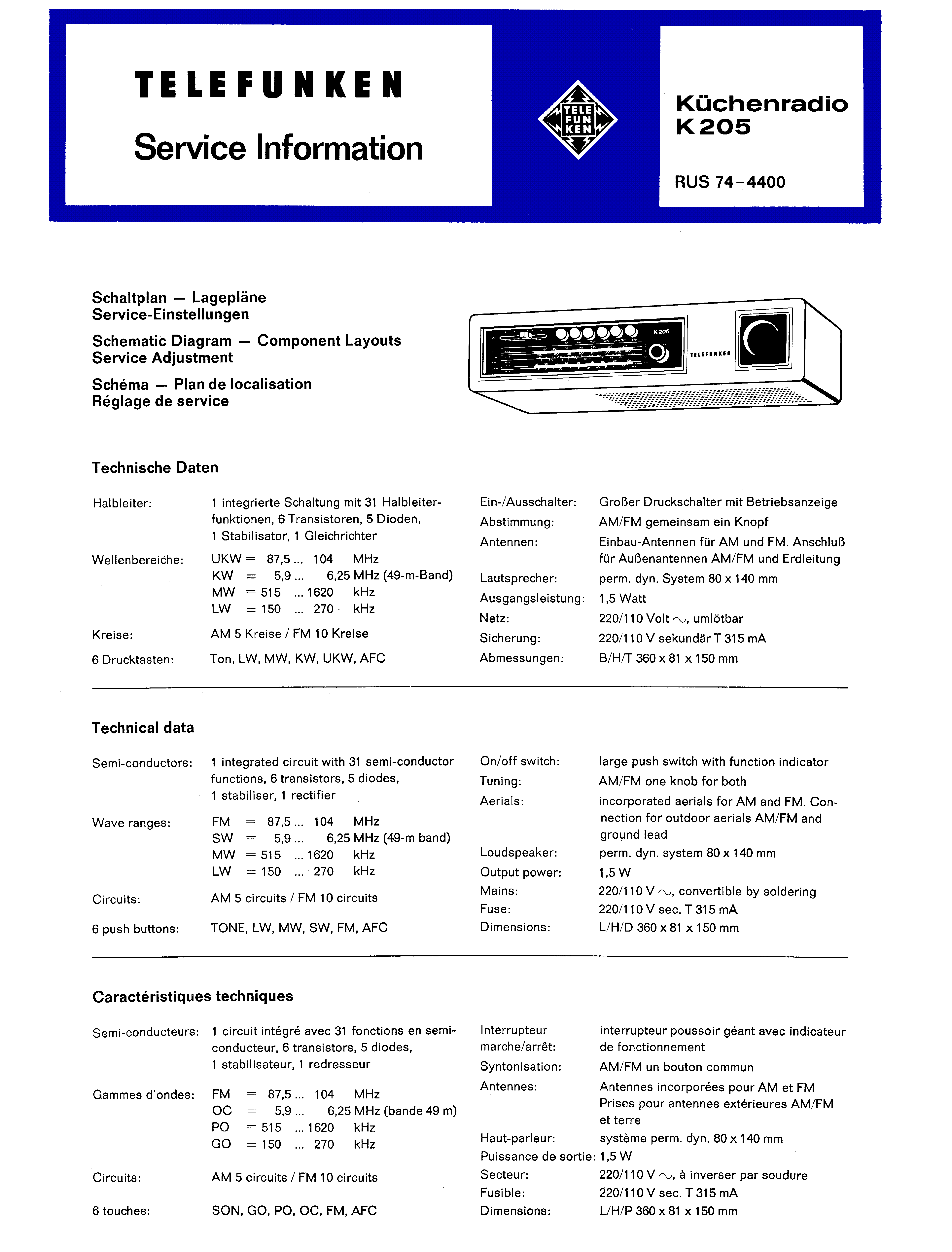 TELEFUNKEN KUECHENRADIO K 205 SM service manual