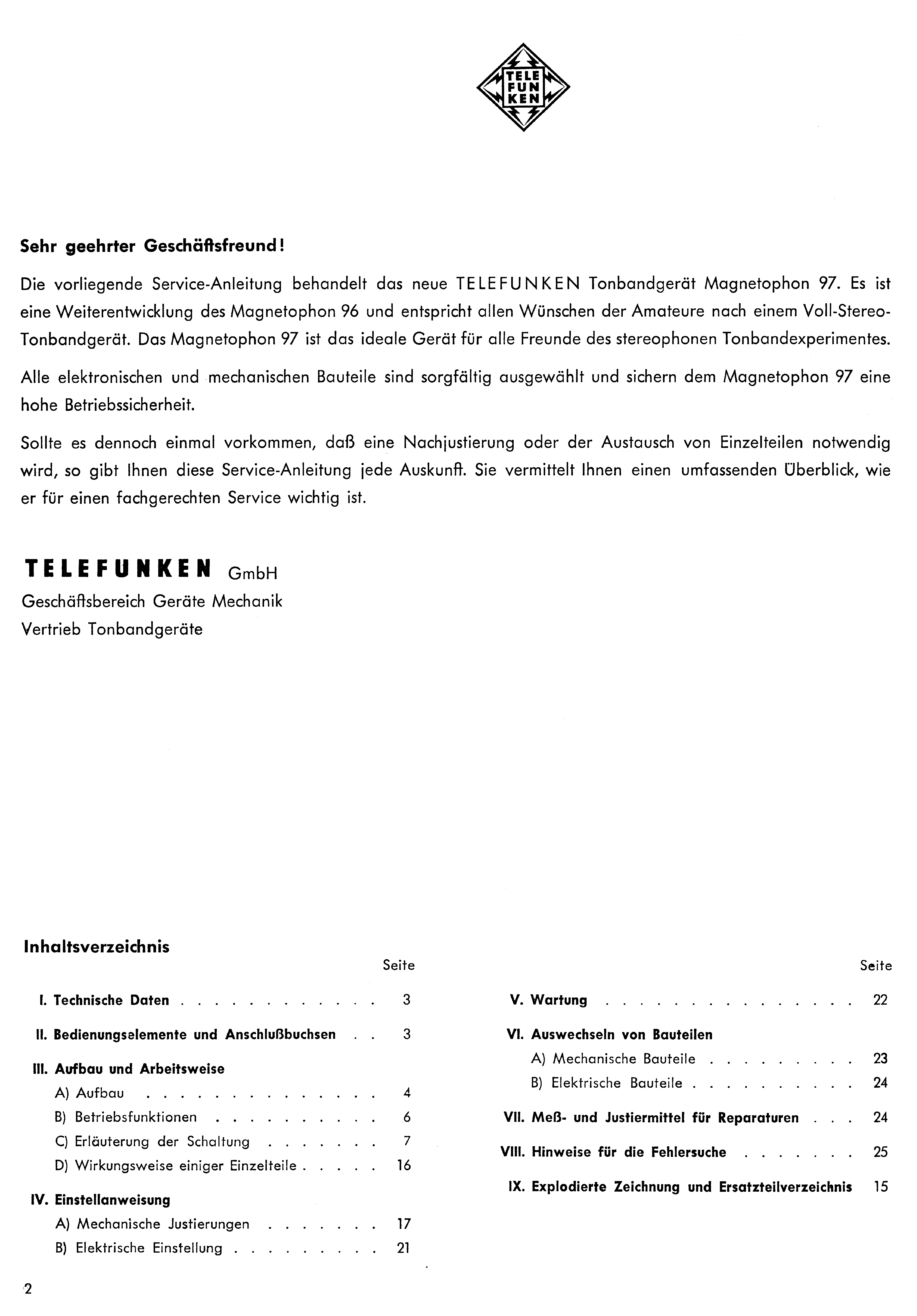 Service Manual-Anleitung für Telefunken Magnetophon 97 