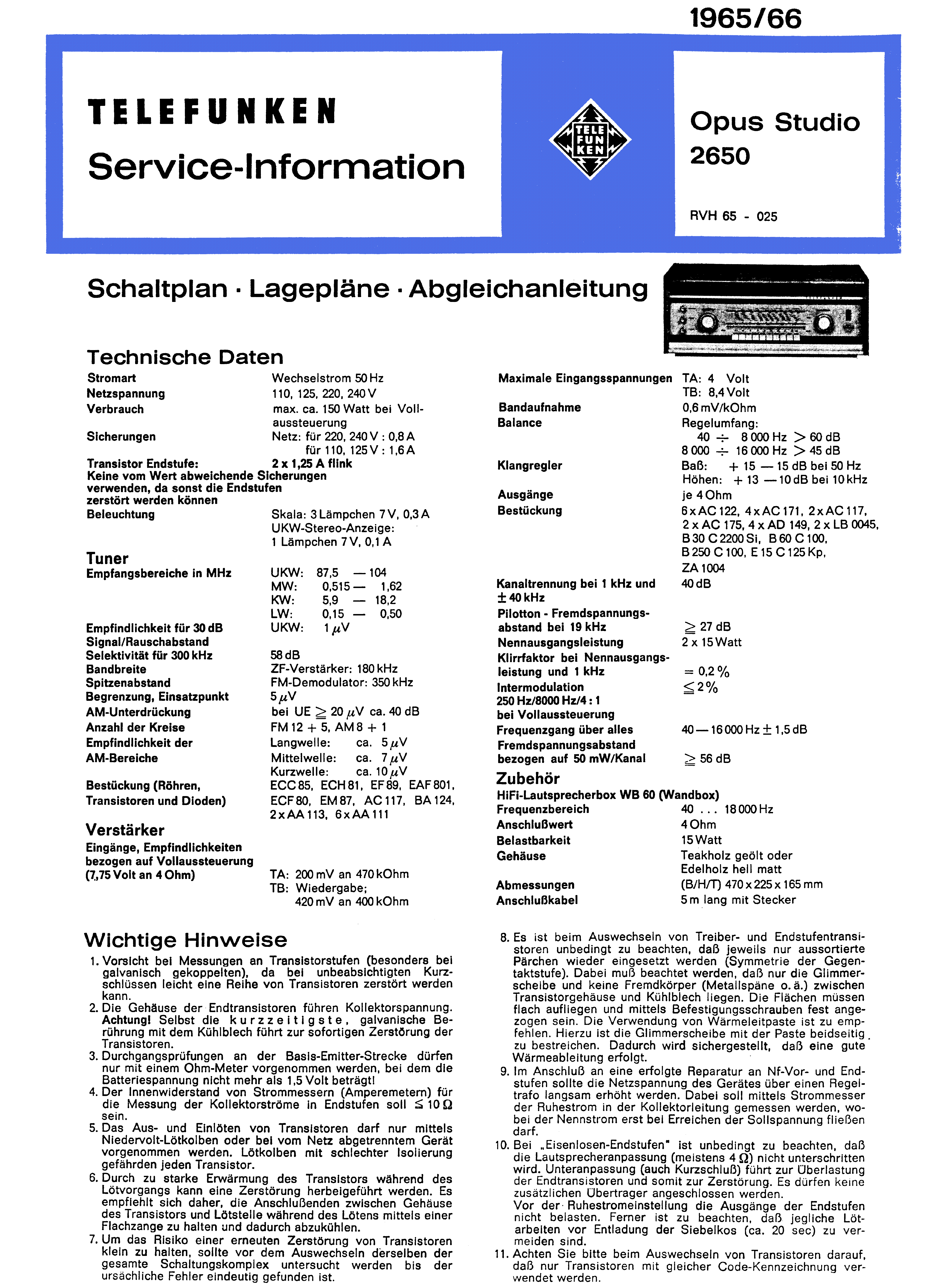 TELEFUNKEN OPUS STUDIO 2650 SM service manual