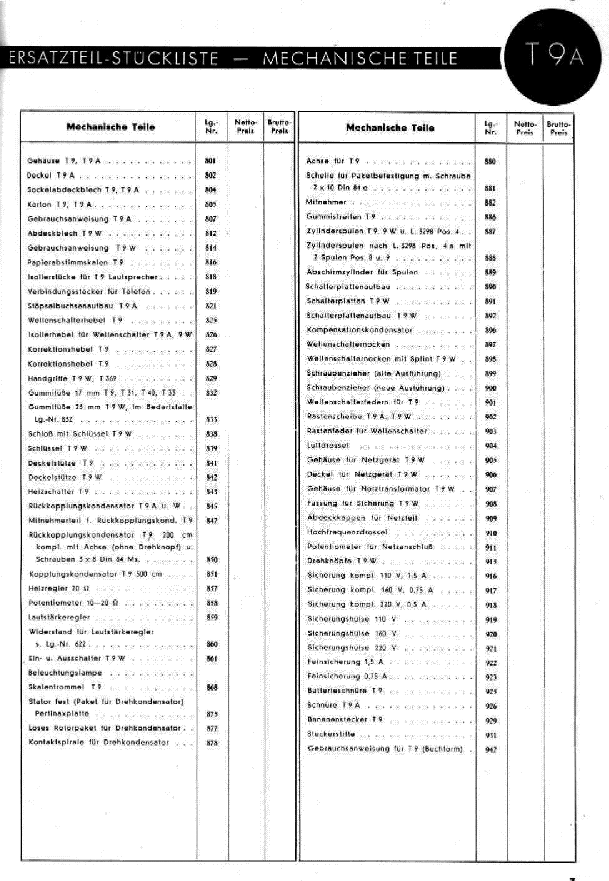 TELEFUNKEN T9A ETEILE service manual