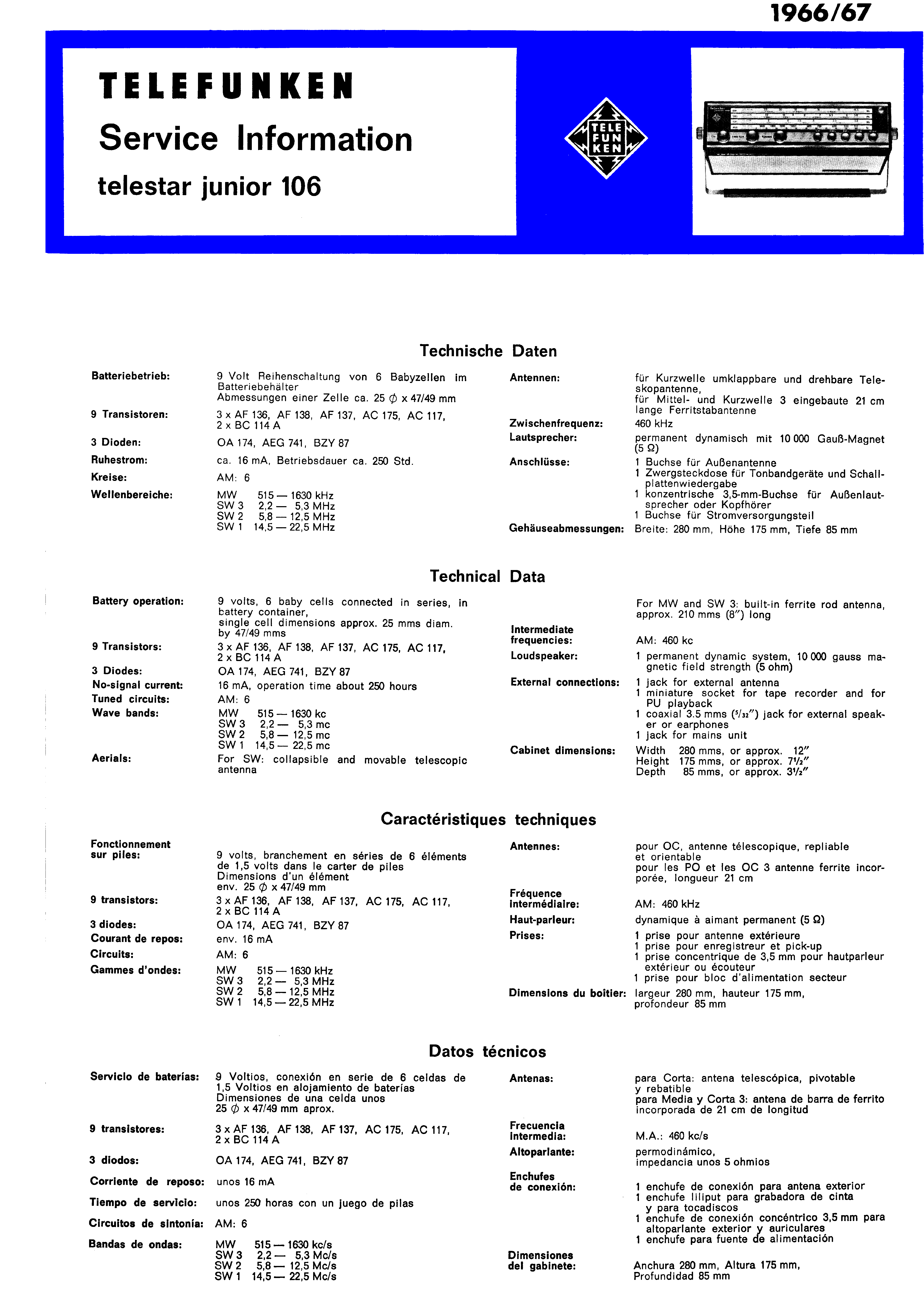 TELEFUNKEN TELESTAR JUNIOR 106 SM service manual