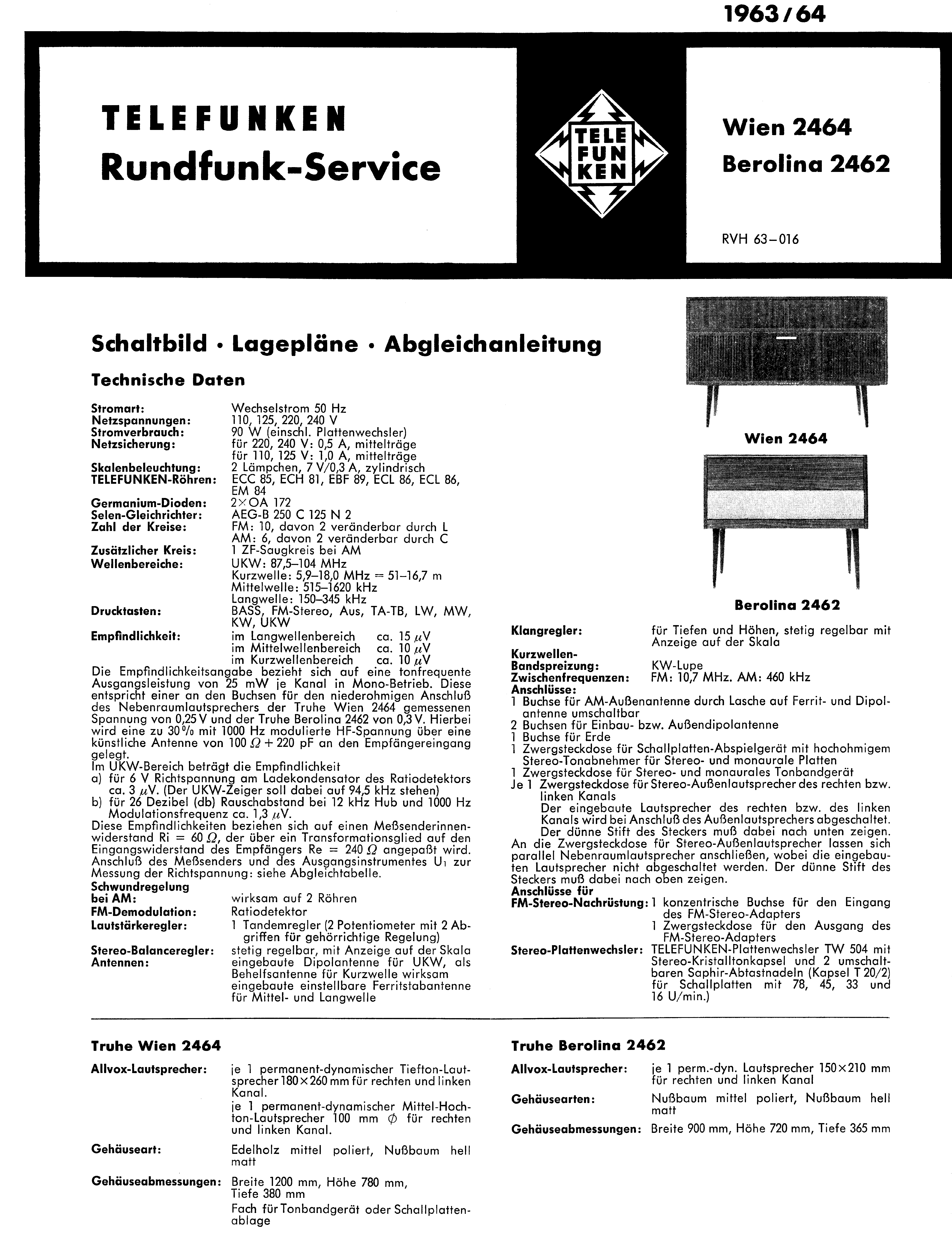 TELEFUNKEN WIEN 2464 BEROLINA 2462 SM service manual