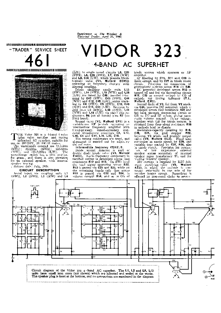 VIDOR 323 AC RADIO 1940 SM Service Manual download, schematics, eeprom,  repair info for electronics experts