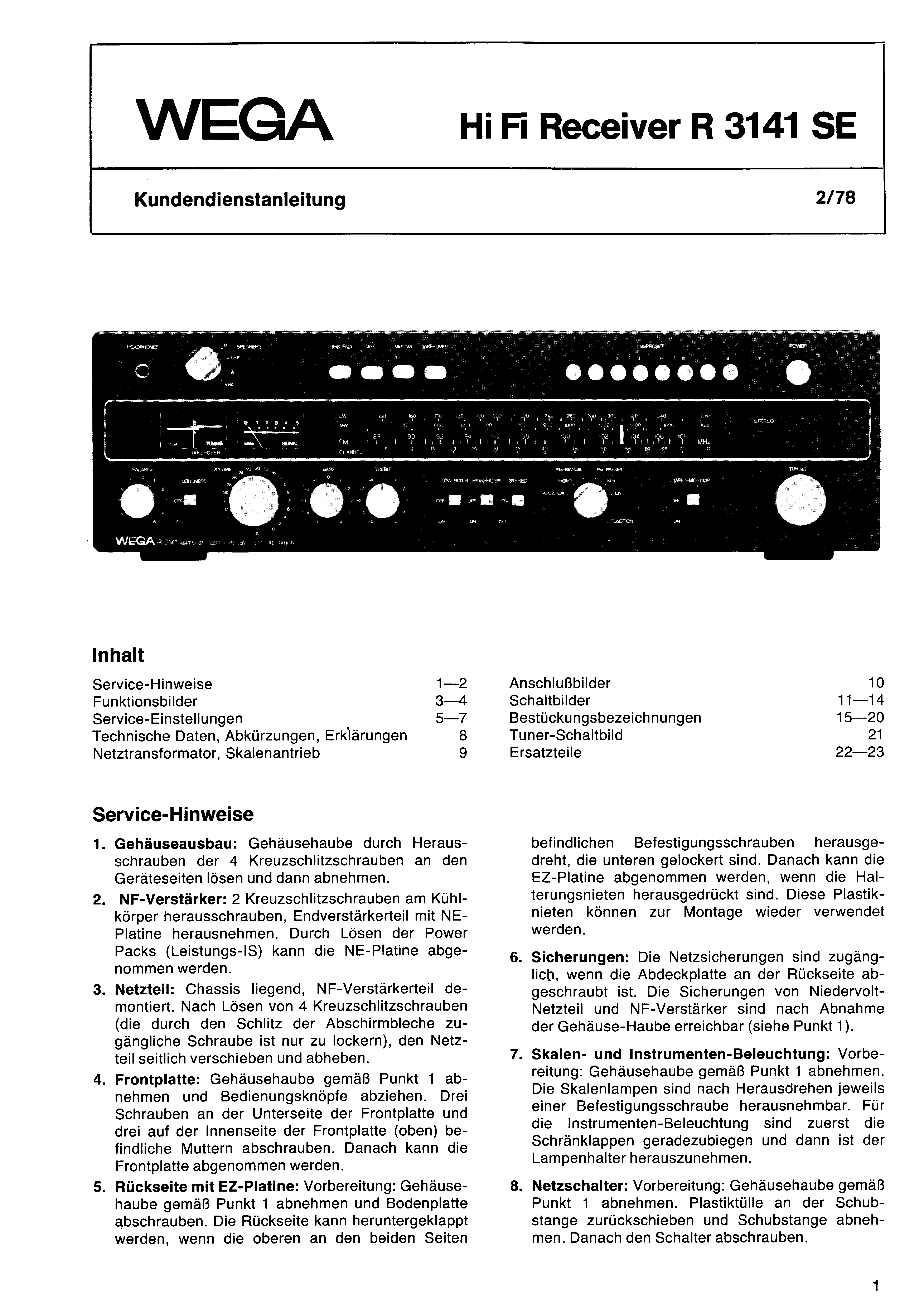 WEGA HI FI RECEIVER R 3141 SE SM service manual