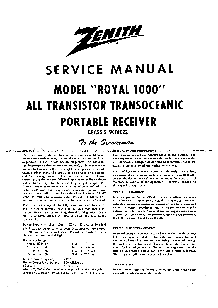 ZENITH ROYAL TRANS OCEANIC 1000 service manual