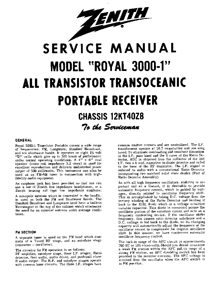 ZENITH ROYAL TRANS OCEANIC 3000-1 service manual
