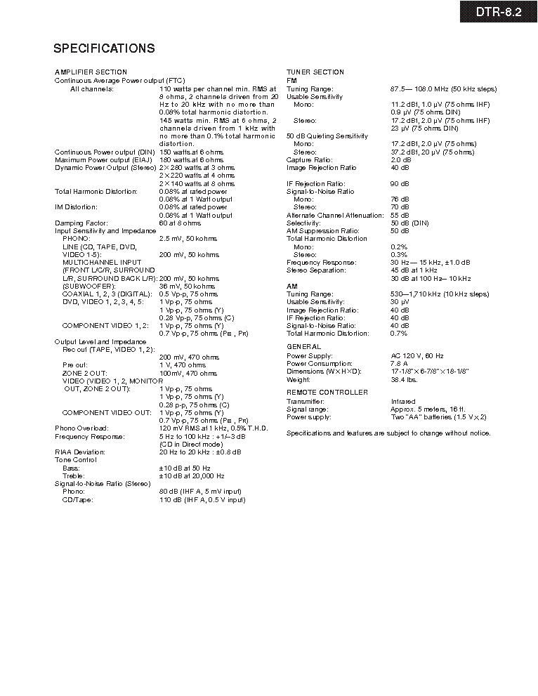 ONKYO DTR8.2 service manual (2nd page)