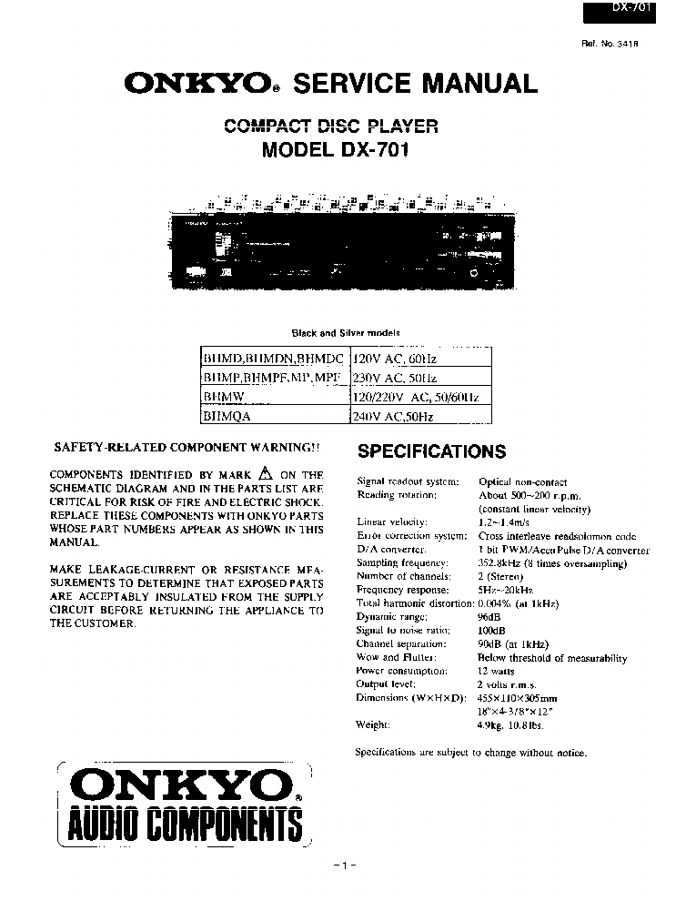Original Onkyo Service Manual for the DX-702 CD Player~Repair 