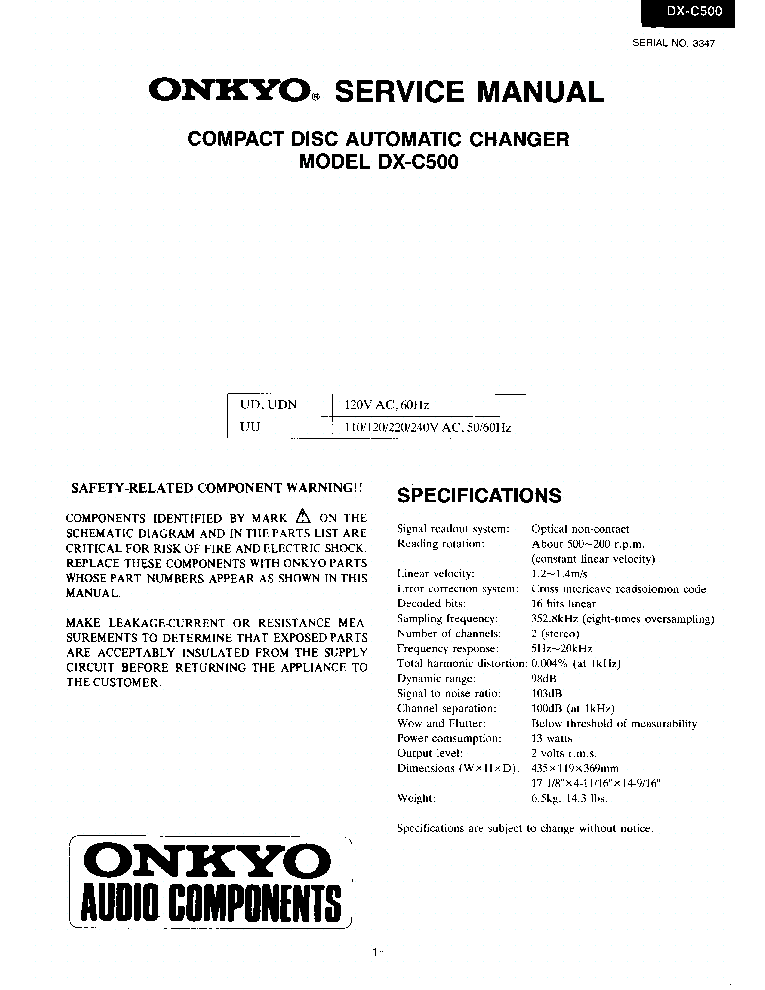 ONKYO DXC500 SM service manual (1st page)