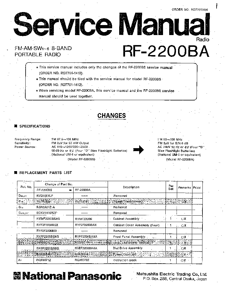 PANASONIC RF-2200 PORTABLE RADIO SM Service Manual download, schematics