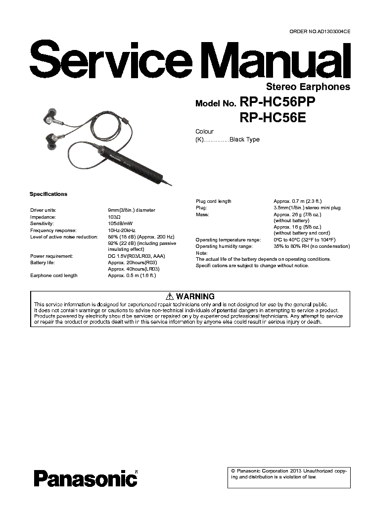 PANASONIC RP-HC56PP RP-HC56E EARPHONES PARTS service manual (1st page)