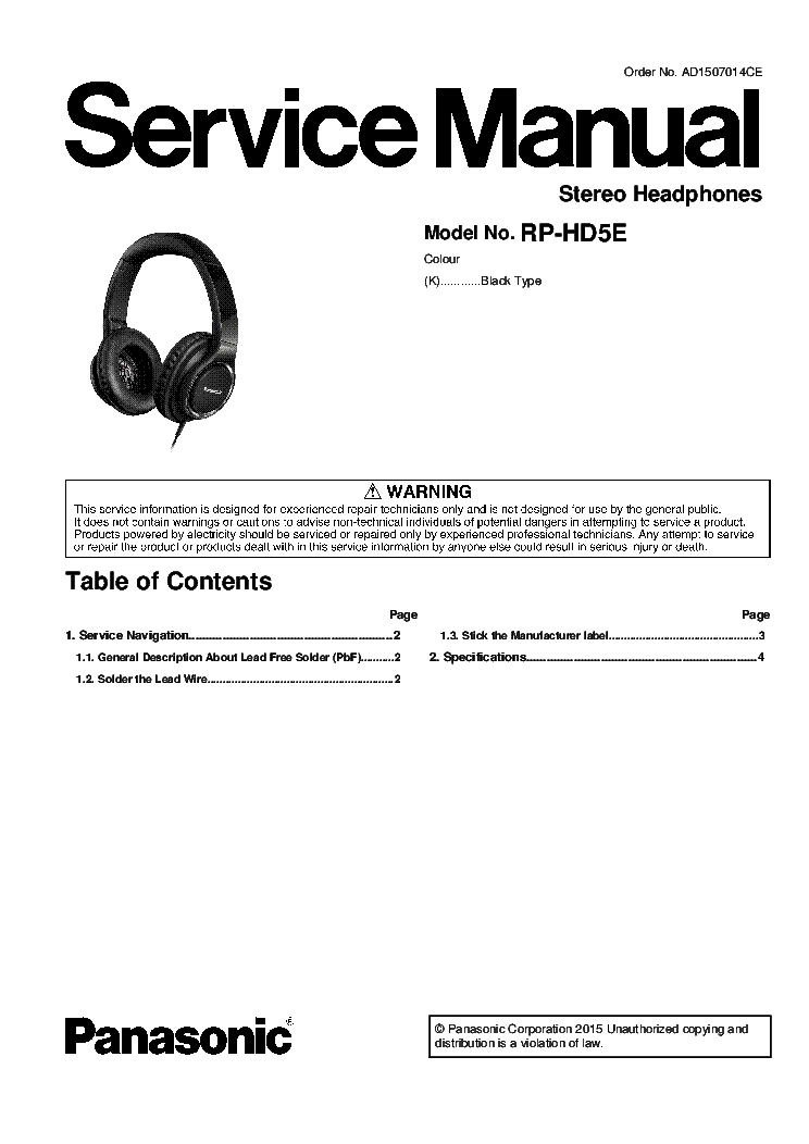 PANASONIC RP-HD5E STEREO HEADPHONES service manual (1st page)