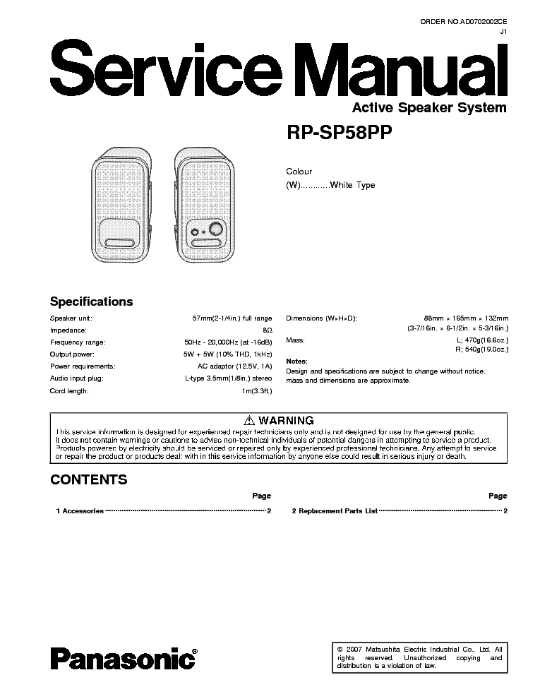 PANASONIC RP-SP58PP ACTIVE SPEAKER PARTS service manual