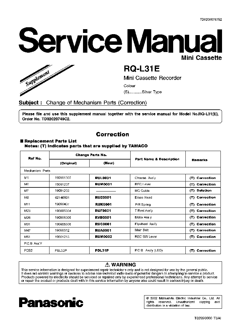 PANASONIC RQ-L31E TD02050757S2 SUPPLEMENT service manual (1st page)