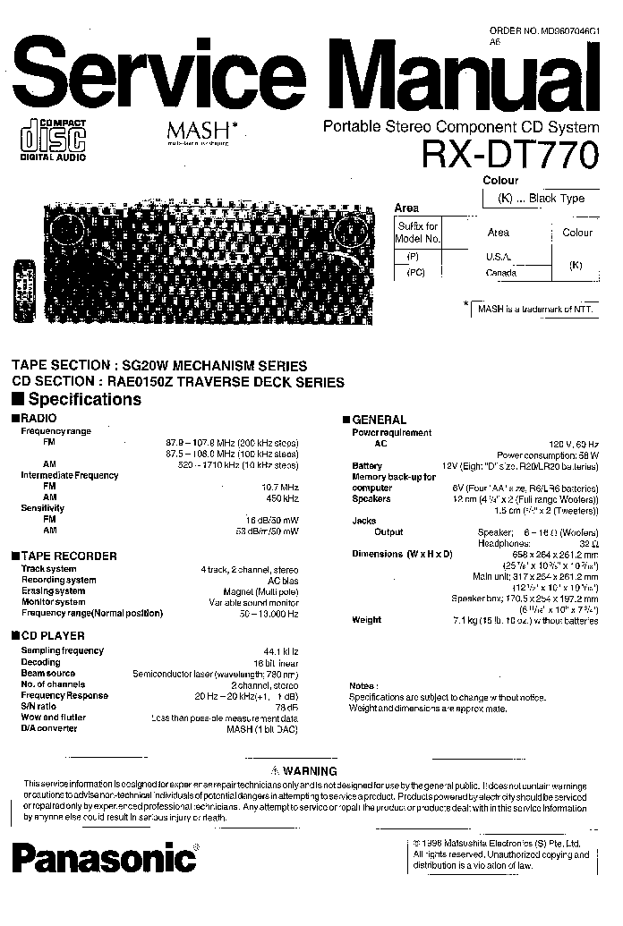 PANASONIC RX-DT770 MD9607046C1 service manual (1st page)