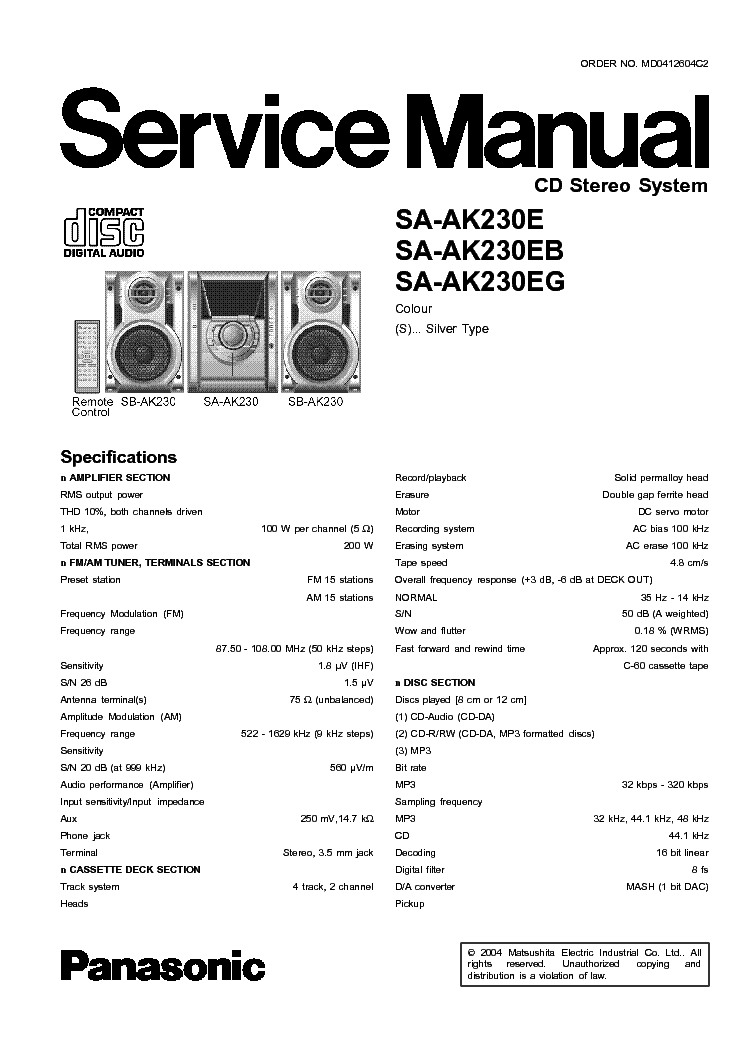 PANASONIC SA-AK230E SA-AK230EB SA-AK230EG service manual