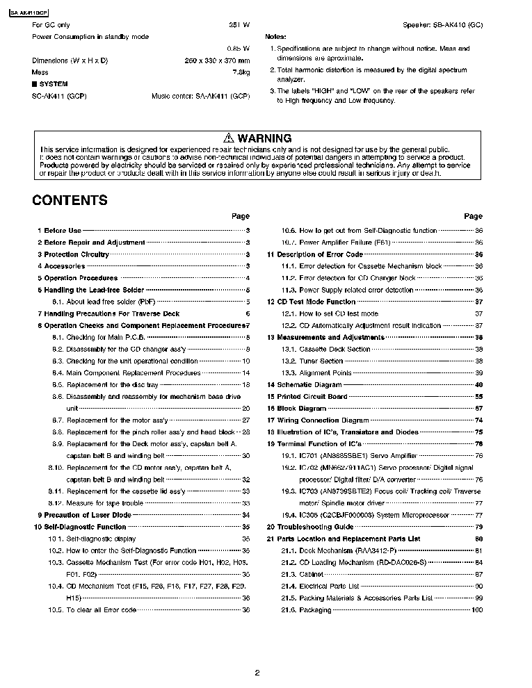 PANASONIC SA-AK411GCP service manual (2nd page)