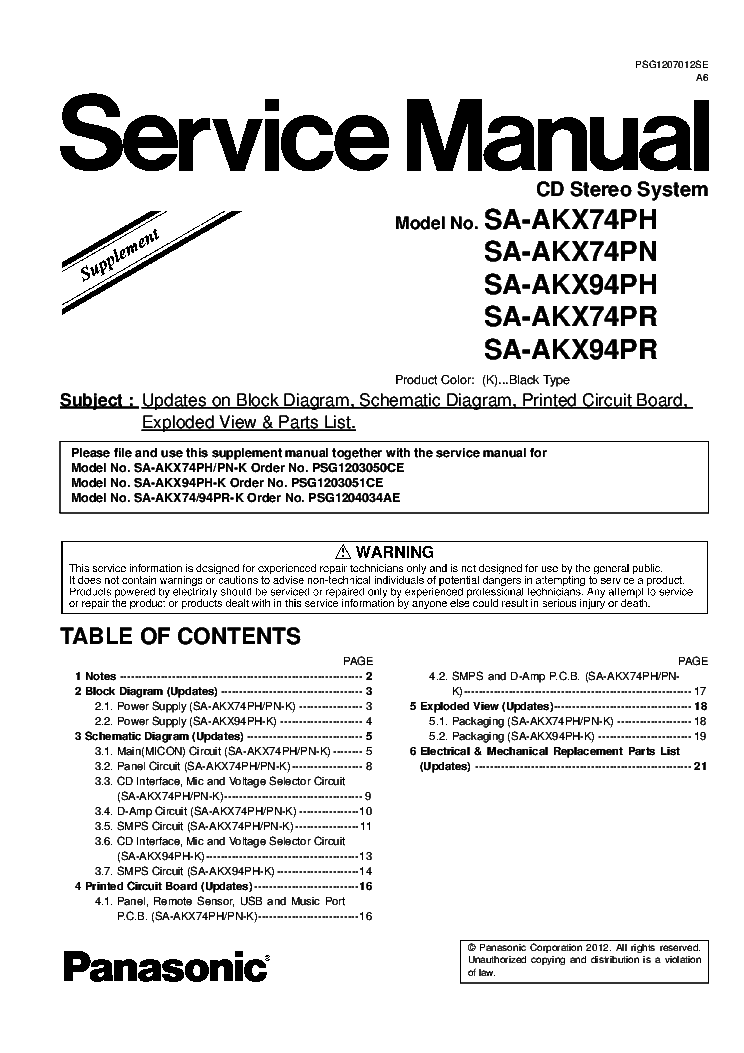 PANASONIC SA-AKX74PH SA-AKX94PH PN PR SUPLEMENT SM service manual (1st page)