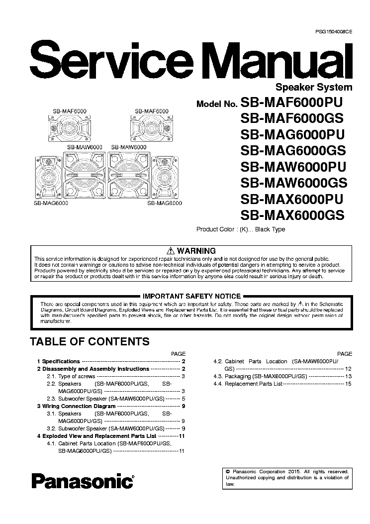 PANASONIC SB-MAF6000 SB-MAG6000 SB-MAW6000 SB-MAX6000 SM service manual (1st page)