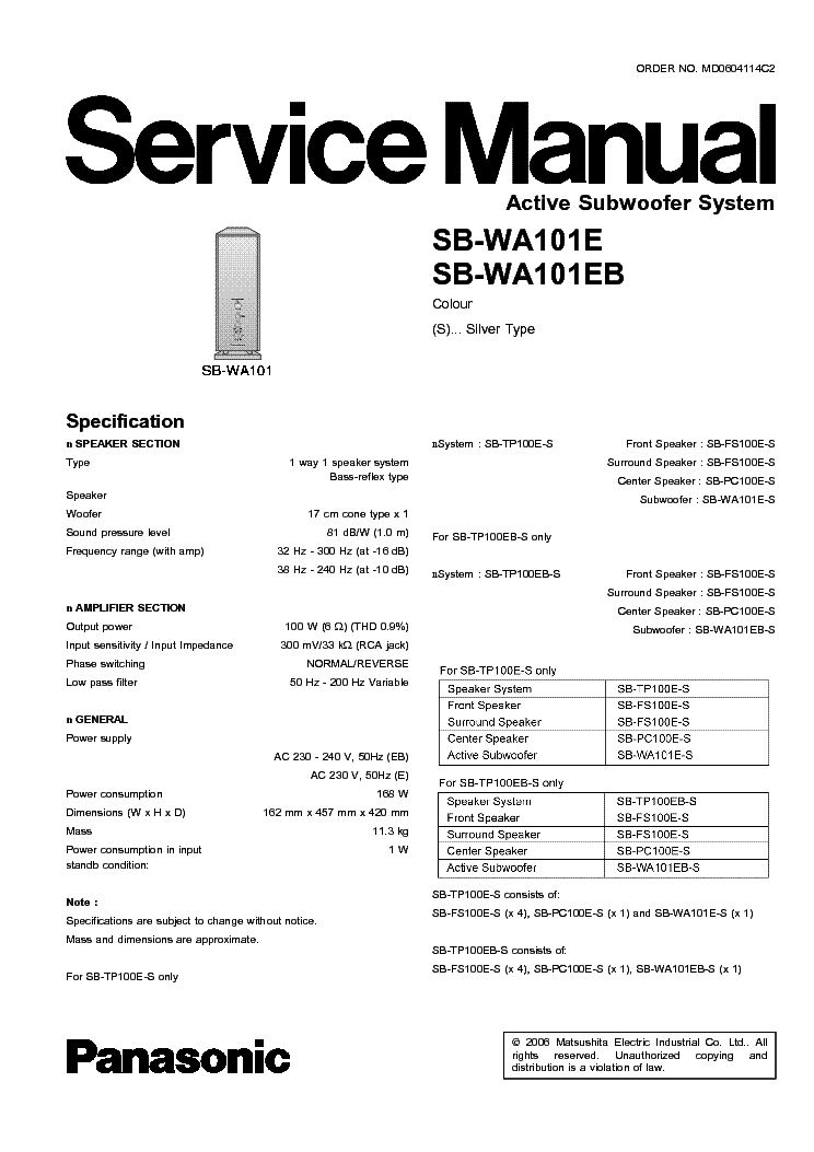 PANASONIC SB-WA101E service manual (1st page)