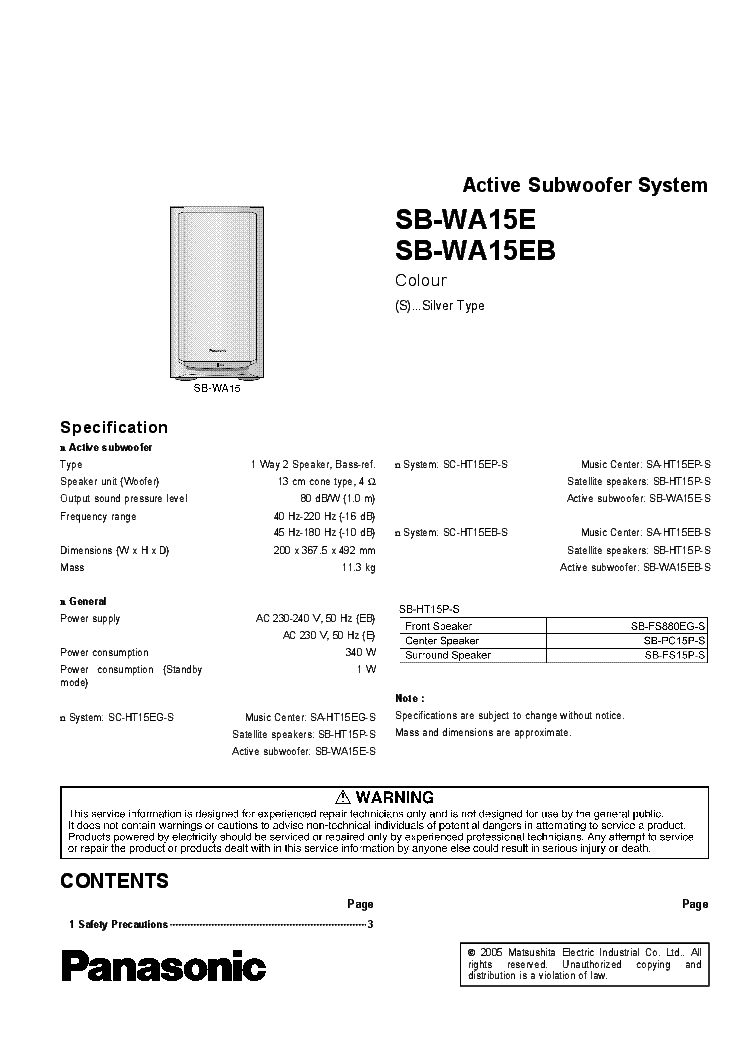 PANASONIC SB-WA15E service manual (1st page)
