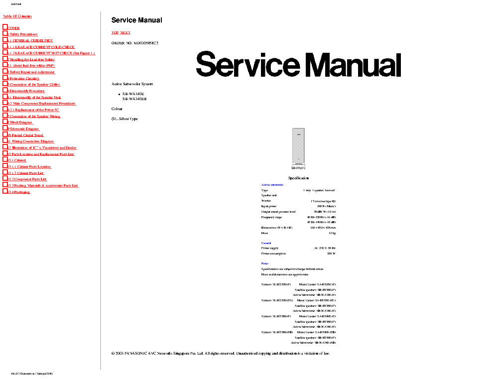 PANASONIC SB-WA340E SB-WA340EB ACTIVE SUBWOOFER SYSTEM service manual (1st page)