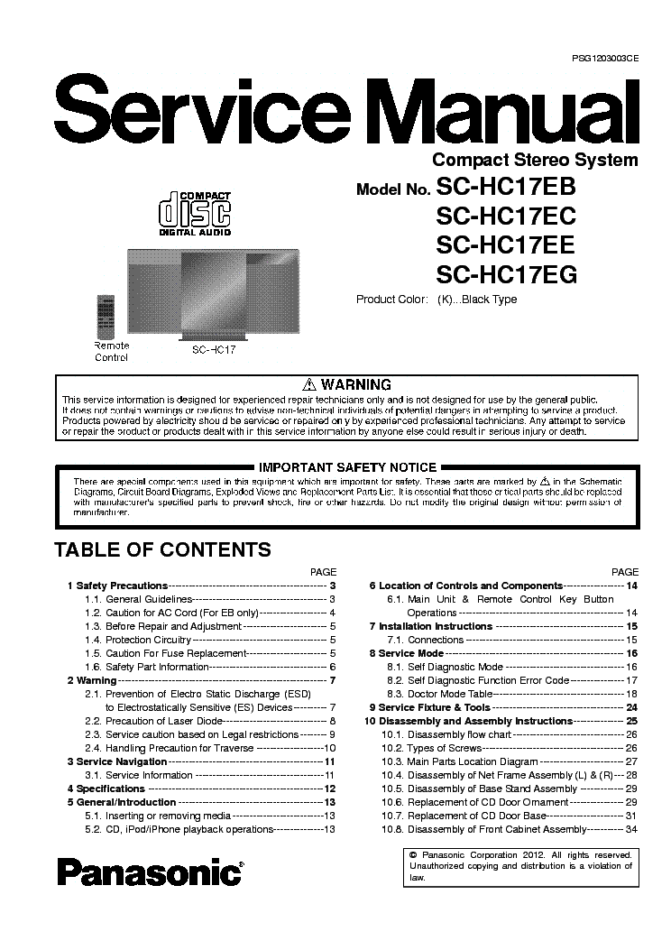 PANASONIC SC-HC17EB SC-HC17EC SC-HC17EE SC-HC17EG service manual