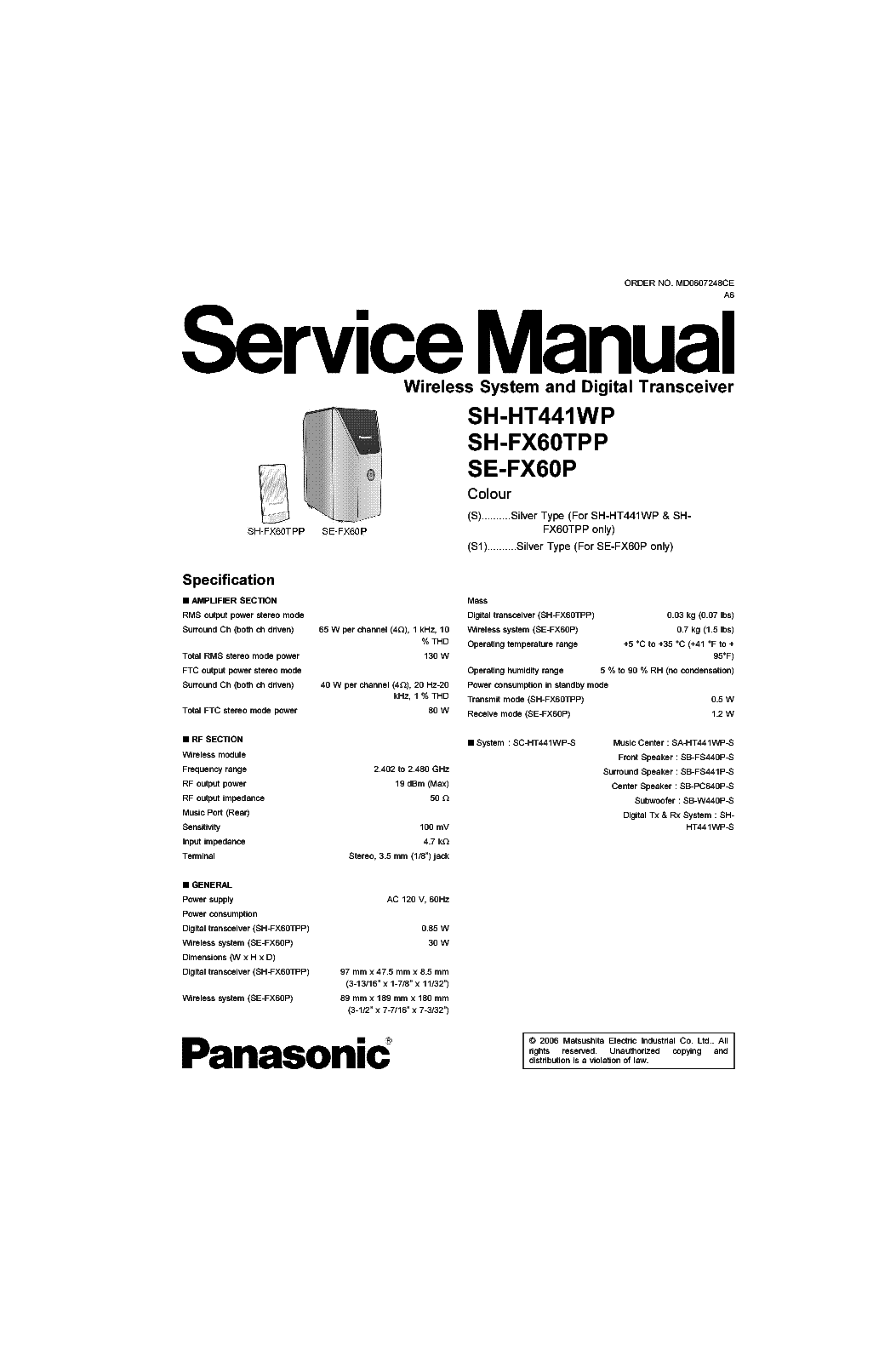 PANASONIC SH-HT441WP SH-FX60TPP SE-FX60P service manual (1st page)