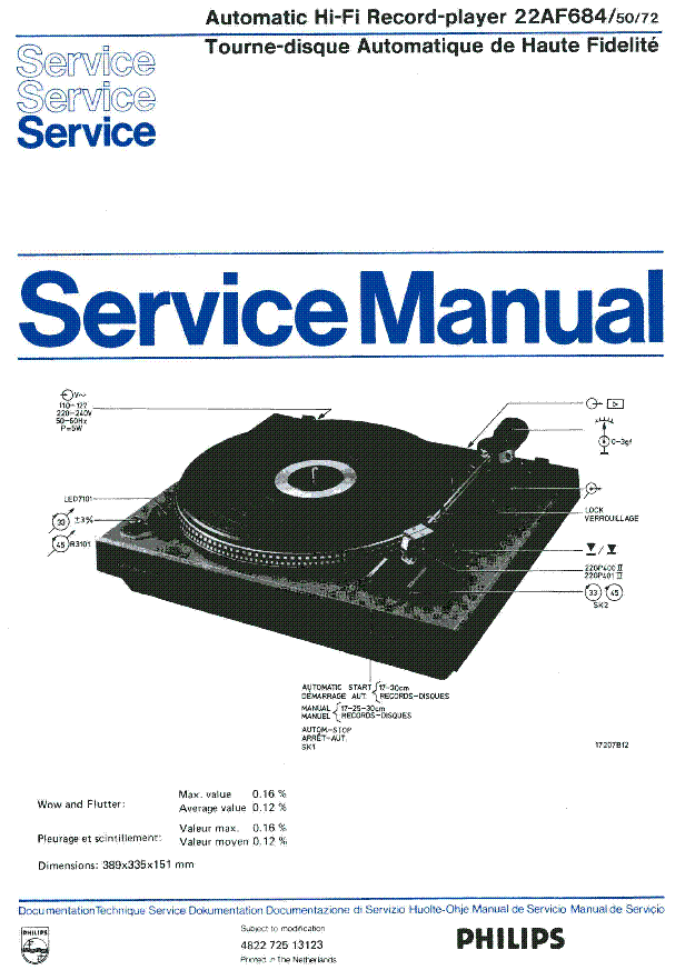 PHILIPS 22AF684 TURNTABLE service manual (1st page)