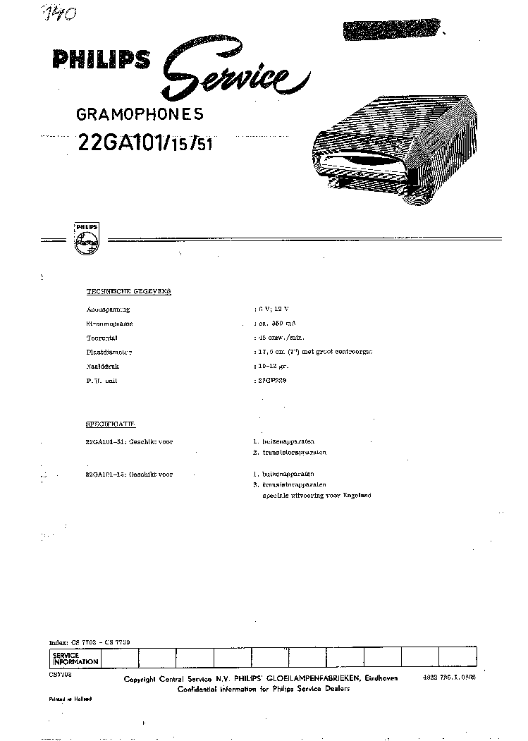 PHILIPS 22GA101 TURNTABLE service manual (1st page)