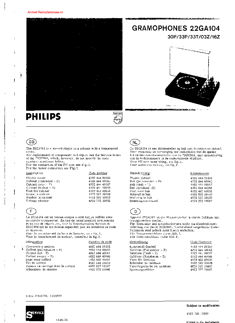 PHILIPS 22GA104 SM service manual (1st page)