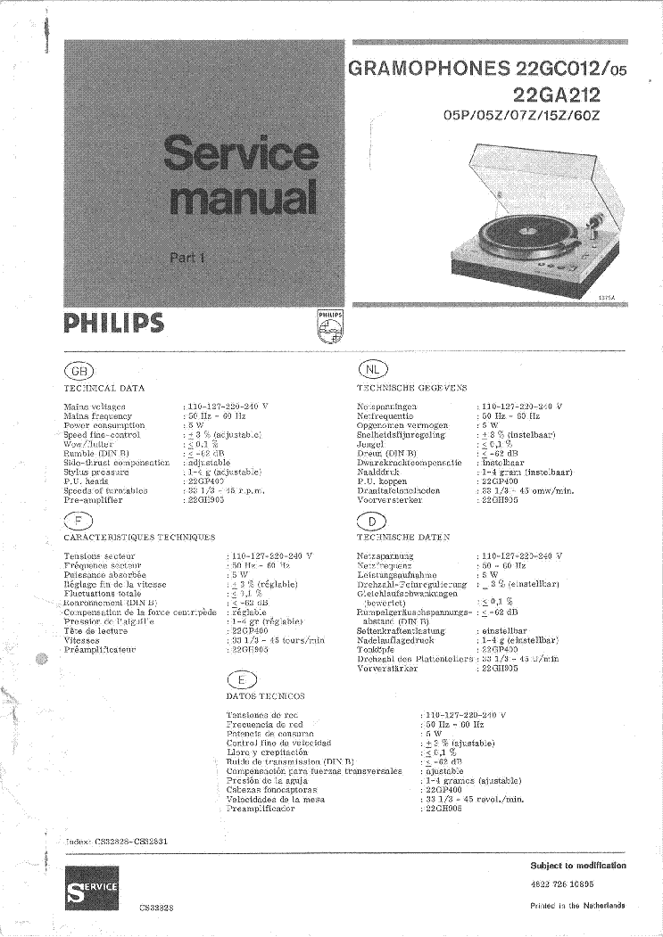 PHILIPS 22GA212 22GC012 TURNTABLE service manual (1st page)