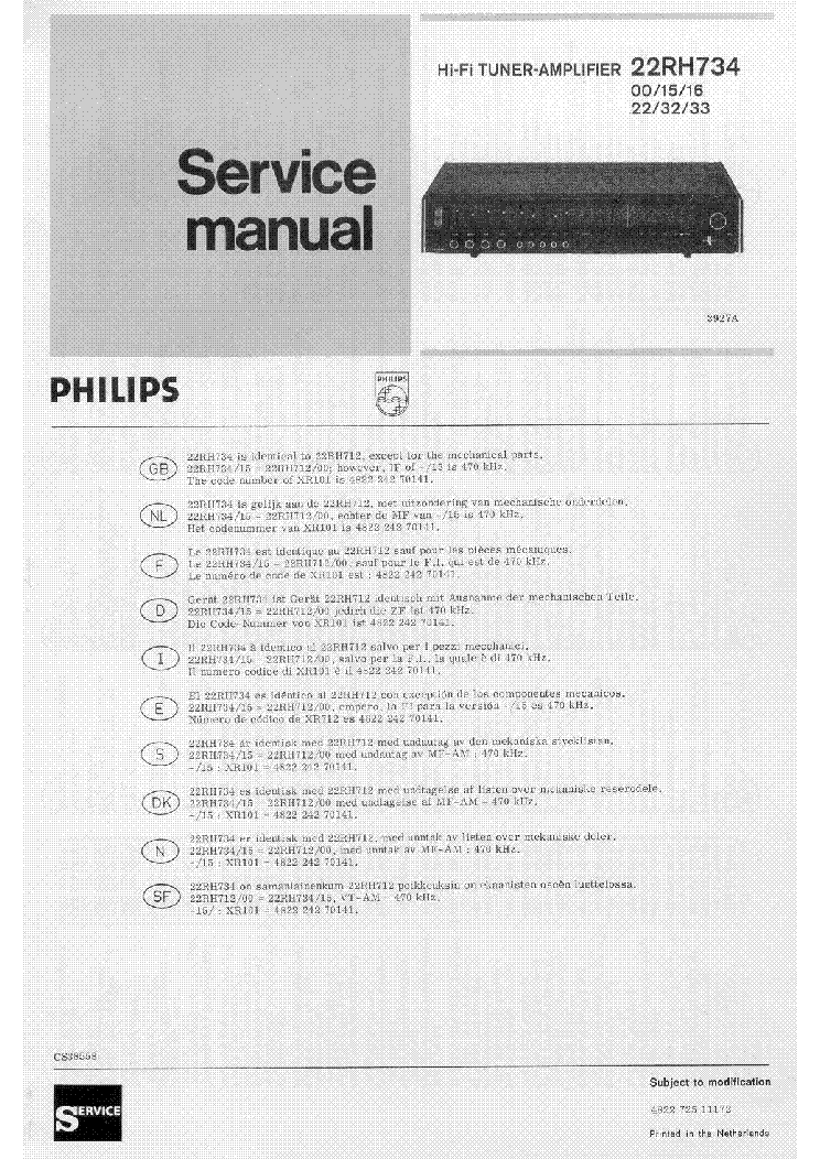 PHILIPS 22RH734 SERIES HIFI TUNER-AMPLIFIER SUPPLEMENT SM service manual (1st page)