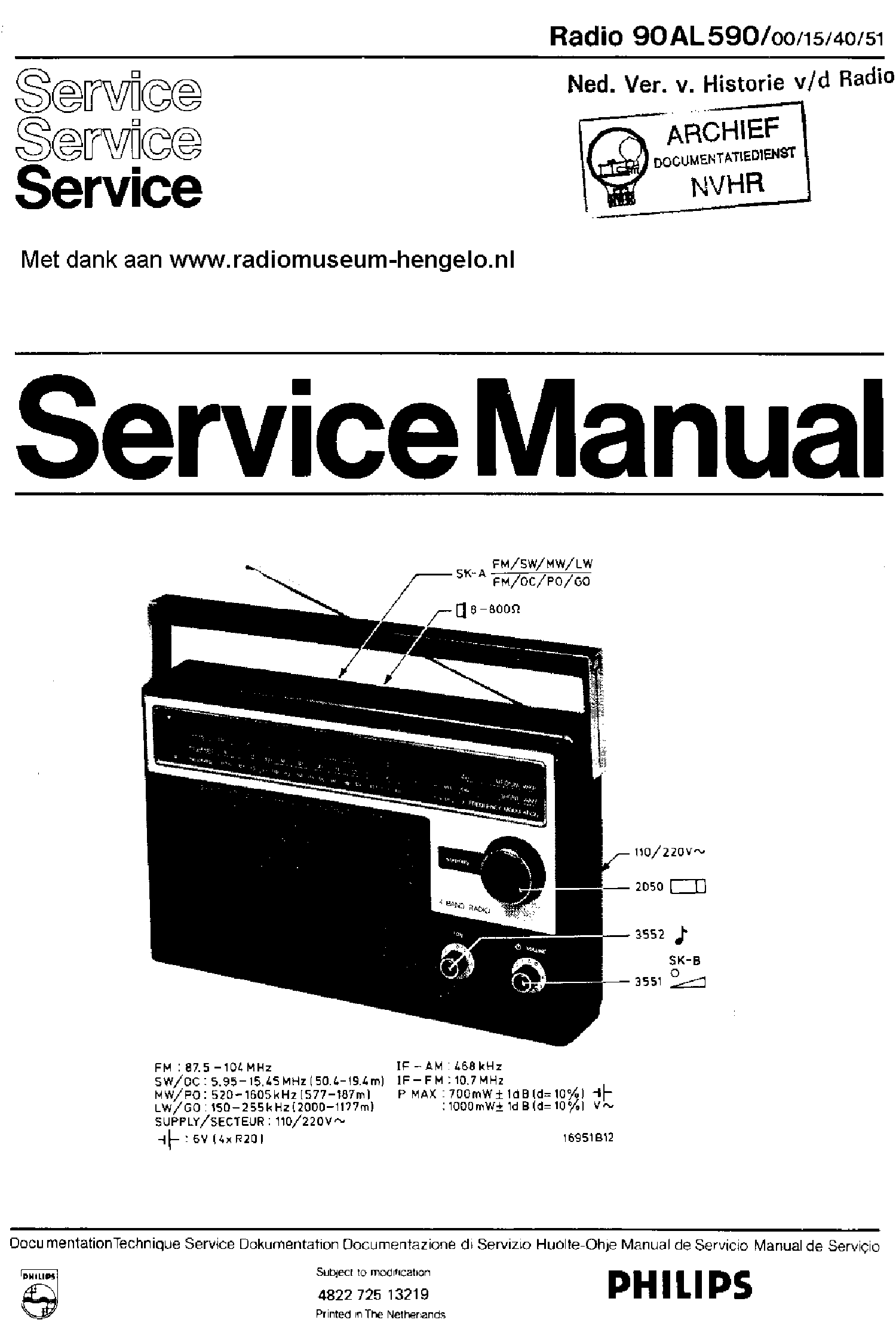 PHILIPS 90AL590-00-15-40-51 PORTABLE RECEIVER SM service manual (1st page)
