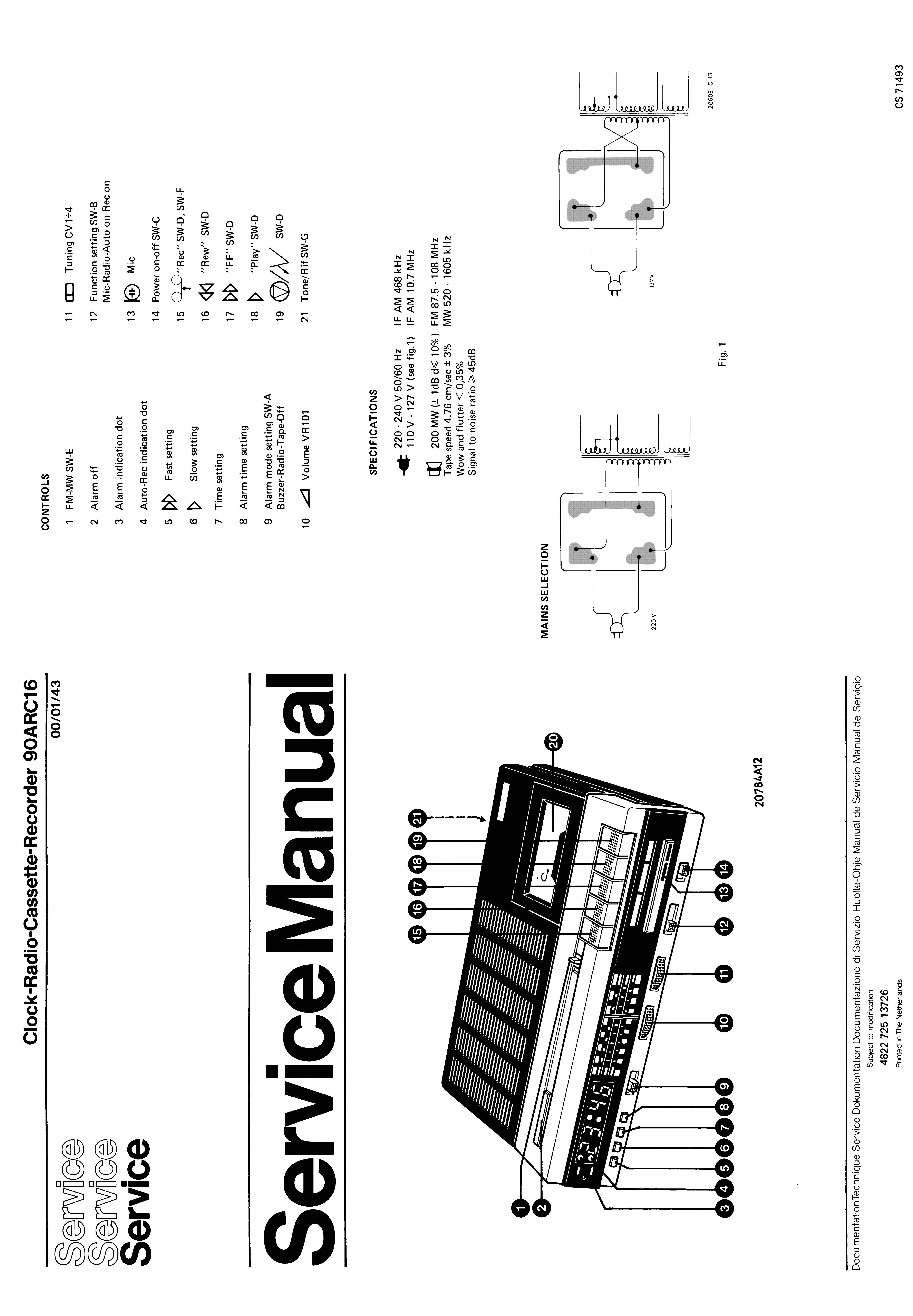 PHILIPS 90ARC16 CLOCK-RADIO-CASSETTE-RECORDER SM service manual (1st page)