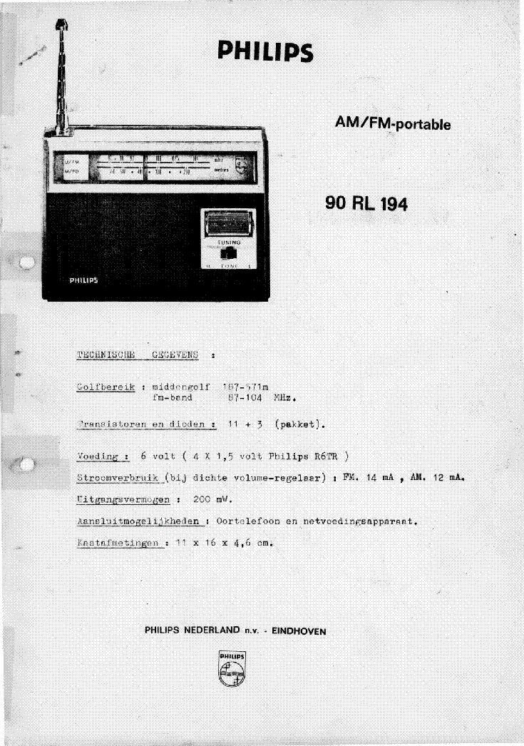 PHILIPS 90RL194 SM NL service manual (1st page)