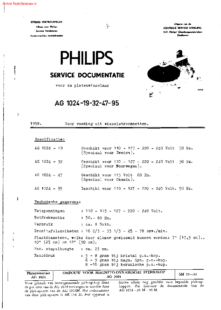 PHILIPS AG1024 SERIES CHANGING TURNTABLE 1958 SM service manual (1st page)