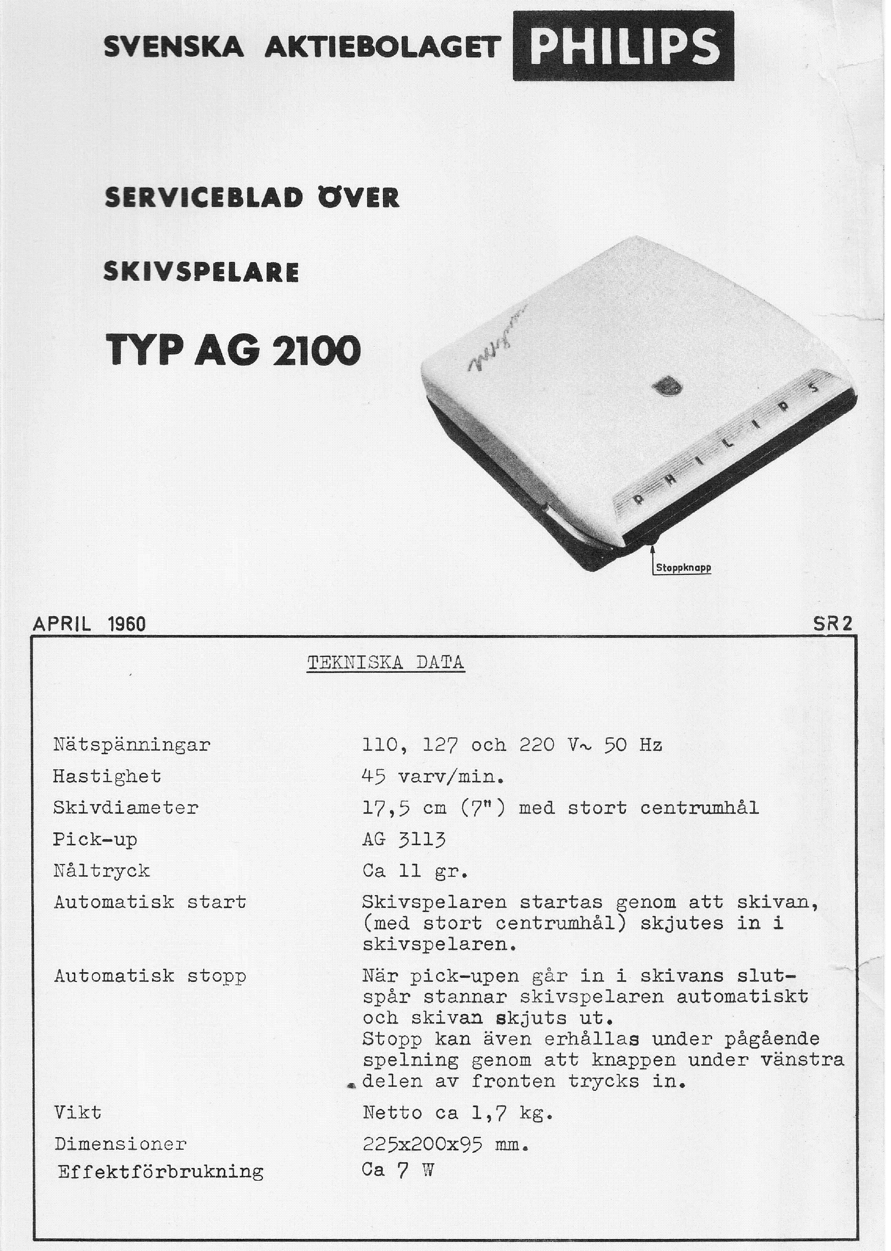 PHILIPS AG2100 TURNTABLE SM service manual (1st page)
