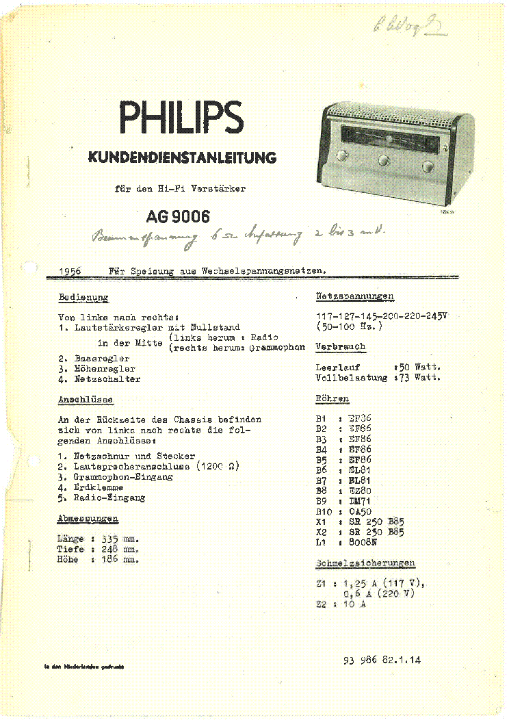 PHILIPS AG9006 20W AMPLIFIER FOR GRAMOPHONE 1957 SM service manual (1st page)