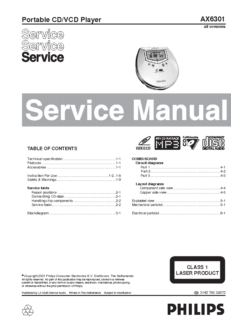 PHILIPS AX6301 ALL VER. PORTABLE CD-VCD PLAYER SM service manual (1st page)
